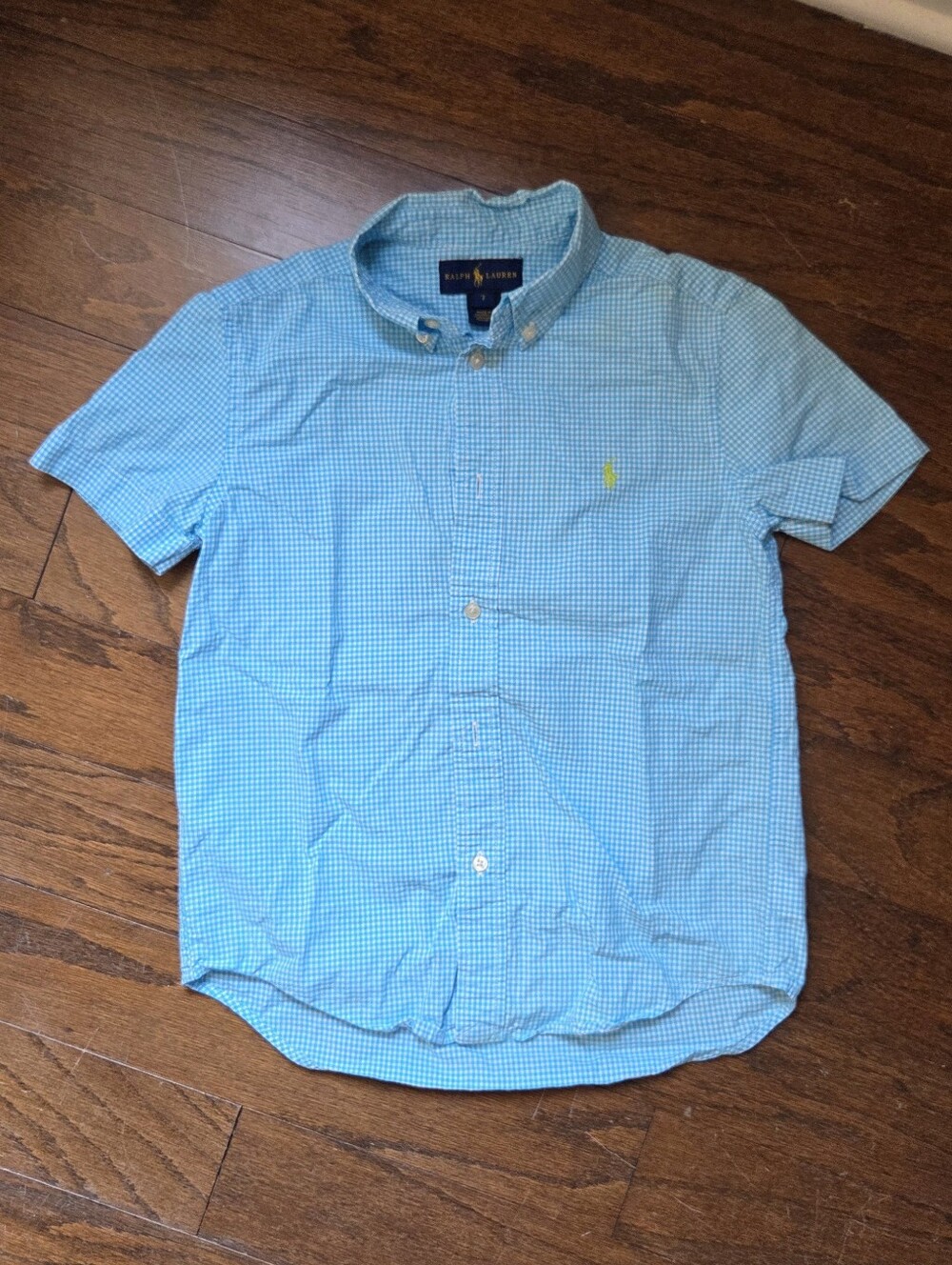 Ralph Lauren Boys Turquoise Short-Sleeve Gingham Cotton Button-Down Shirt Size 7